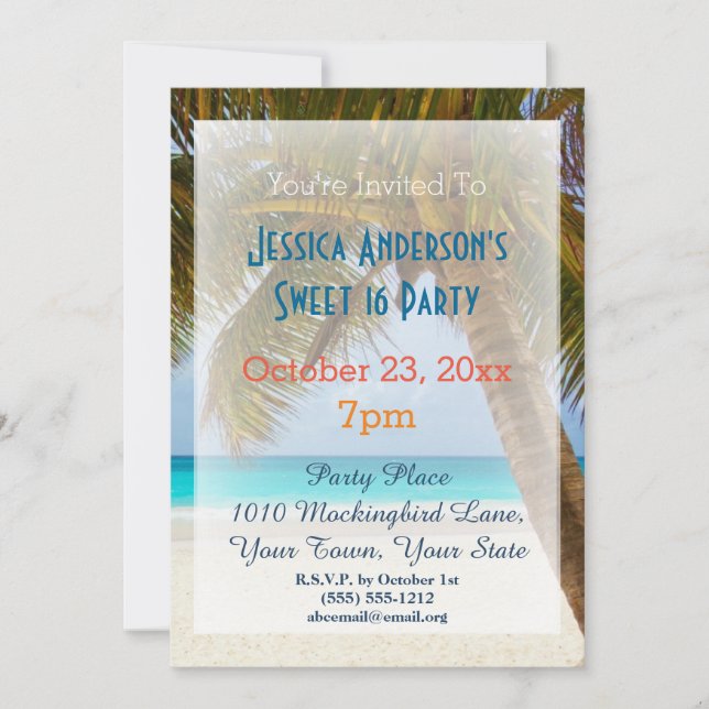 Invitation Summer Beach Palm Tree Tropical Sweet 16 Anniversa (Devant)