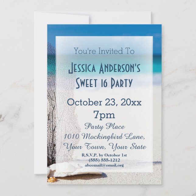 Invitation Summer Beach Seashell Blue Sweet 16 Anniversaire (Devant)