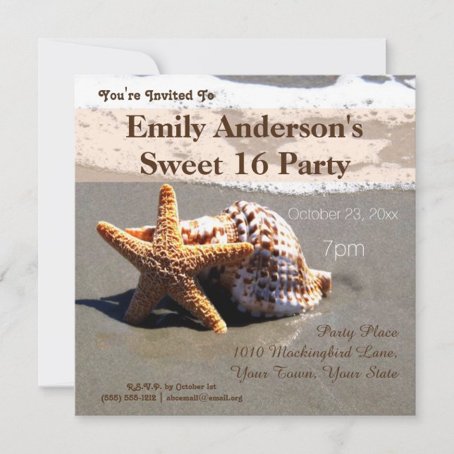 Invitation Summer Beach Starfish Seashell Sweet 16 Anniversai (Devant)