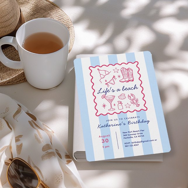 Invitation Summer Blue Stripes Beach Life Birthday Party  (Créateur téléchargé)