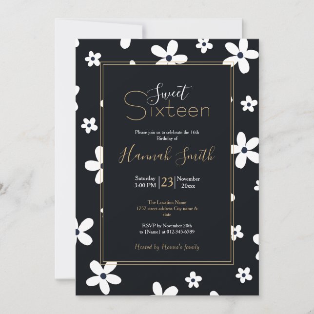 Invitation Summer Boho Black White Daisy Flowers (Devant)