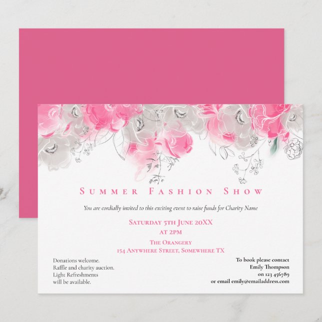 Invitation Summer Fashion Show Événement Flores rose gris (Devant / Derrière)