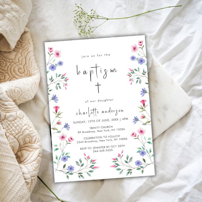 Invitation Summer Little Fleur sauvage Cross Christening Bapt (Summer Little Wildflower Cross Christening Baptism Invitation)