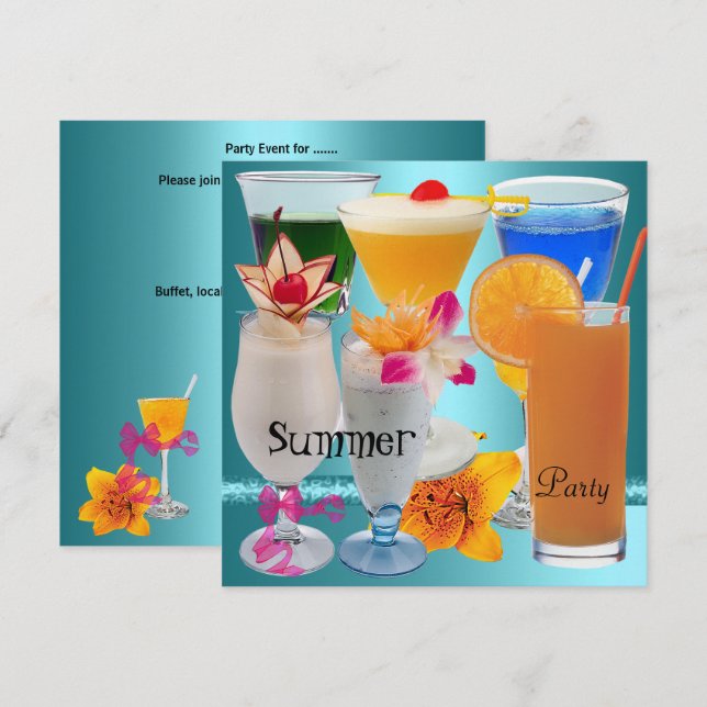 Invitation Summer Party Tropical Blue Turquoise Cocktail Bois (Devant / Derrière)