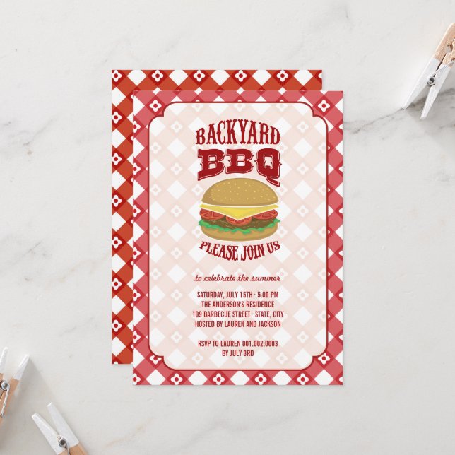 Invitation Summer Red En vichy Fun Jardin Barbeque BBQ Party (Devant/Arrière en situation)