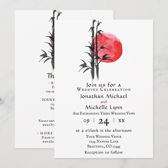 Invitation Sun japonais et bambou tout en un Mariage (Devant / Derrière)