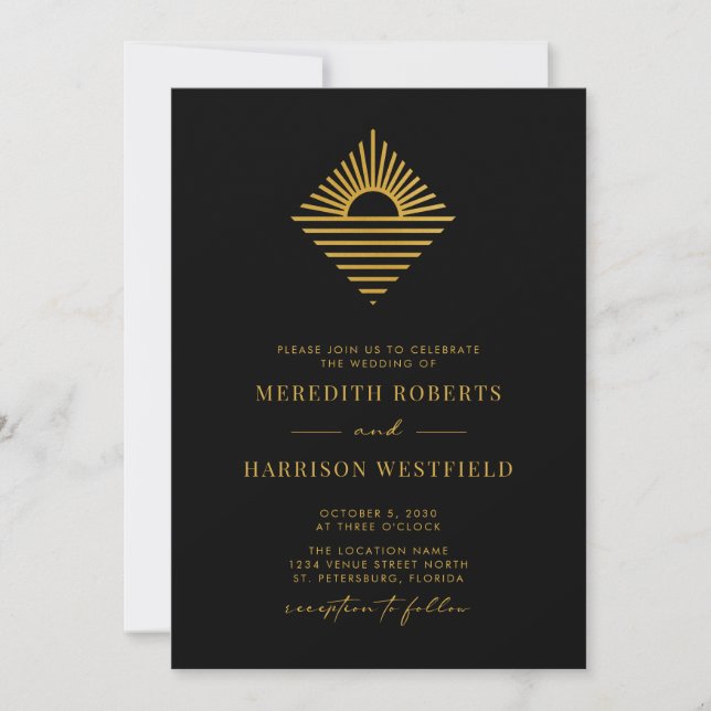 Invitation Sun Ocean QR Code RSVP Gold sur le Mariage noir (Devant)