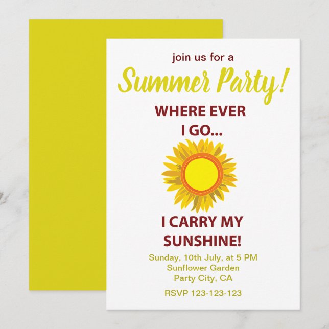 Invitation Sun Sunflower Sunshine Summer Party (Devant / Derrière)