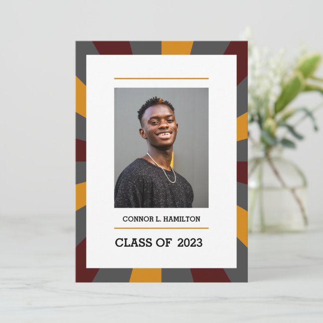 Invitation Sunburst | Maroon Orange Grey Photo Graduation (Debout devant)