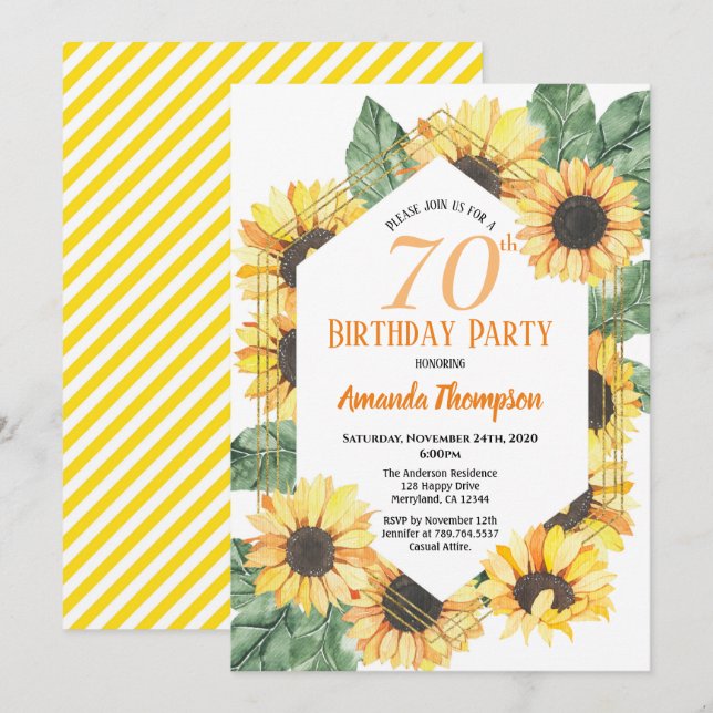 Invitation Sunflower 70e fête d'anniversaire Femmes (Devant / Derrière)