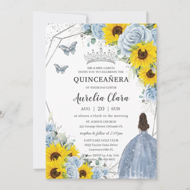 Invitation Sunflower Baby Blue Floral Princess Quinceañera (Devant)