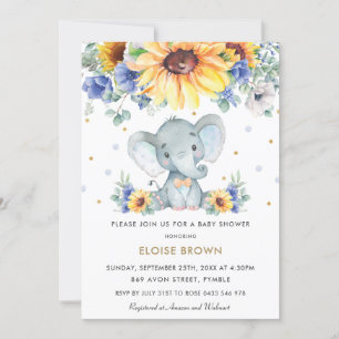 Invitation Sunflower Blue Floral Elephant Baby shower garçon 