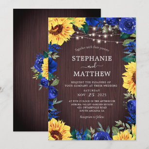 Invitation Sunflower Blue Floral Lights Mariage en bois