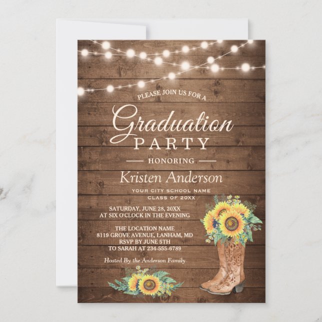 Invitation Sunflower Boots String Lights Graduation Party (Devant)