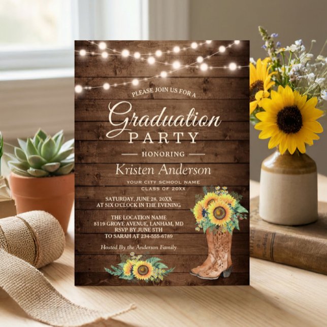 Invitation Sunflower Boots String Lights Graduation Party (Créateur téléchargé)