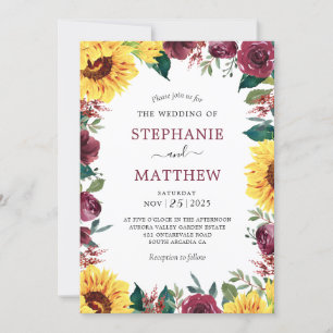 Invitation Sunflower Bourgogne Floral Mariage frontière