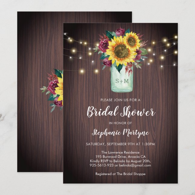 Invitation Sunflower Bourgogne Floral Mason Jar Fête des mari (Devant / Derrière)