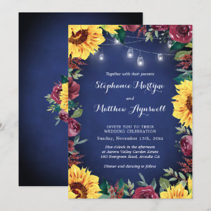 Invitation Sunflower Bourgogne Floral Navy Jar Lights Mariage