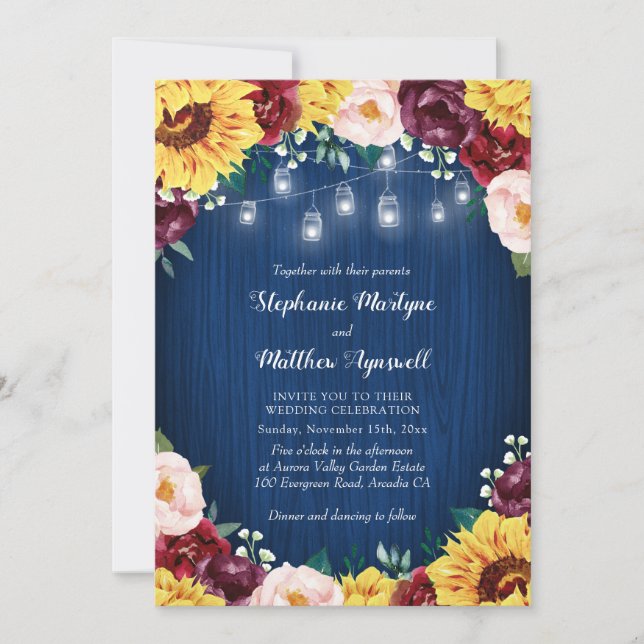 Invitation Sunflower Bourgogne Marine Jars Éclairage Floral M (Devant)