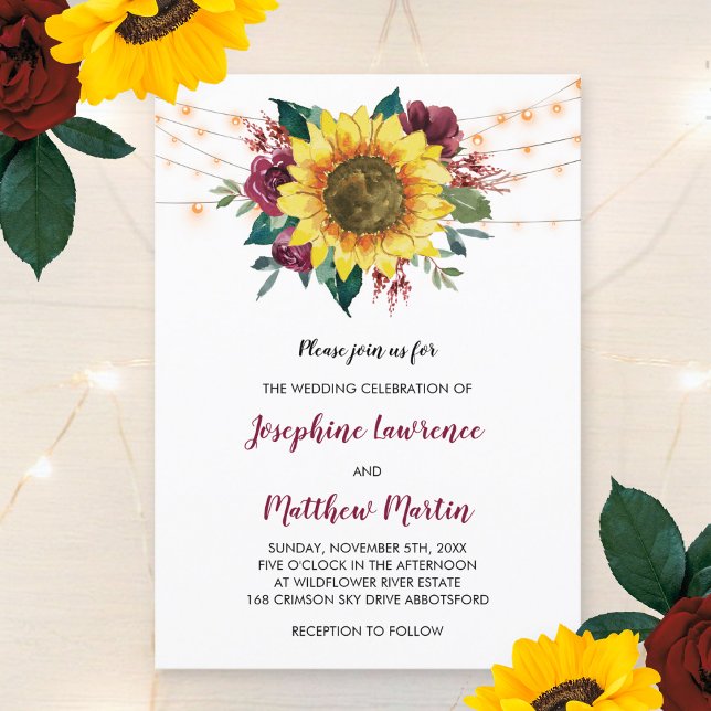 Invitation Sunflower Bourgogne Rose Lumières florales Mariage (Créateur téléchargé)