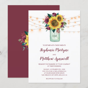Invitation Sunflower Bourgogne Rose Lumières Mason Jar Mariag