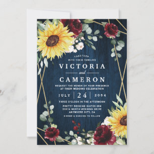 Invitation Sunflower Bourgogne Rose Marine Mariage géométriqu
