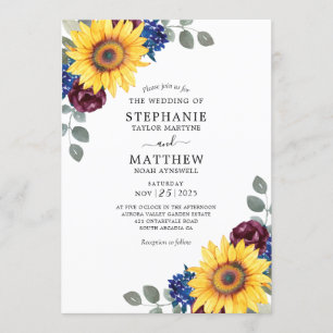 Invitation Sunflower Burgundy Marine Aquarelle Florale Mariag