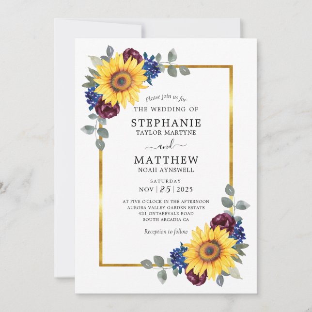 Invitation Sunflower Burgundy Marine Floral Gold Mariage (Devant)