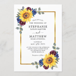 Invitation Sunflower Burgundy Marine Floral Gold Mariage