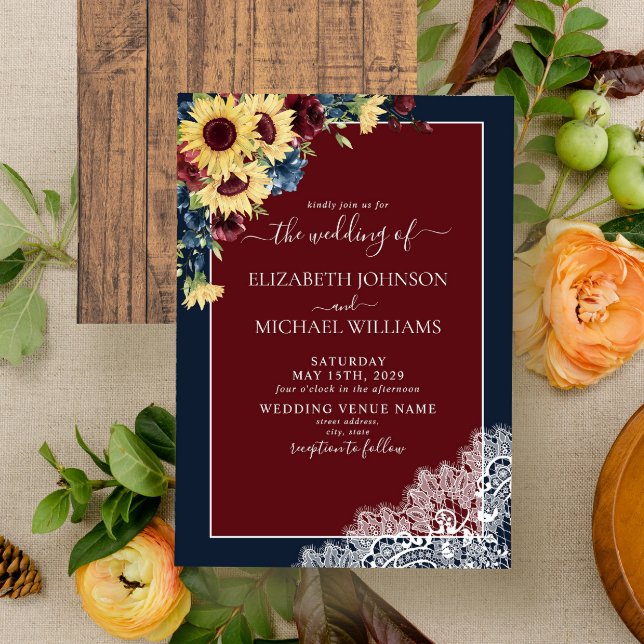 Invitation Sunflower Burgundy Navy Blue Wood Script Mariage (Créateur téléchargé)