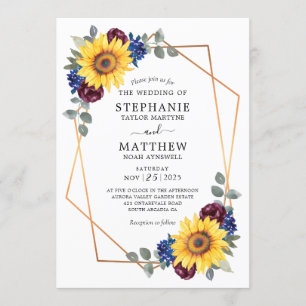 Invitation Sunflower Burgundy Navy Floral Mariage géométrique
