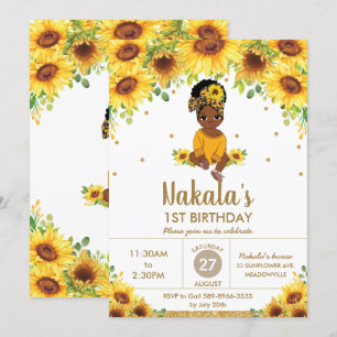 Invitation Sunflower Cute African American Girl 1er anniversa