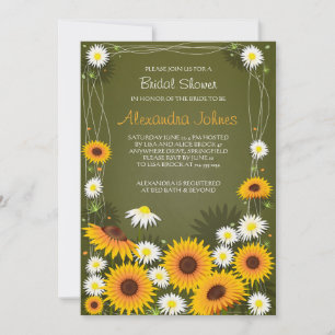 Invitation Sunflower & Daisies Floral Fête de l'mariée Green