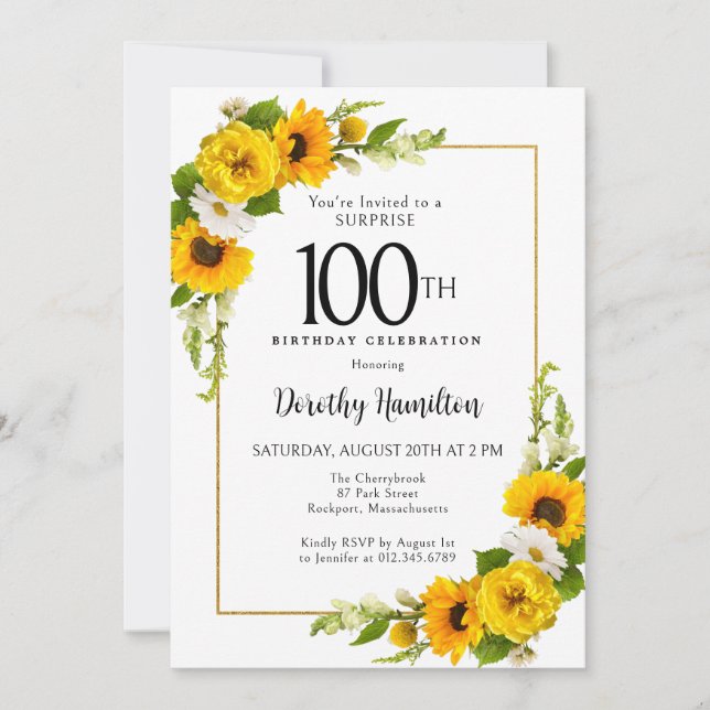Invitation Sunflower Daisy 100e anniversaire Surprise Party (Devant)
