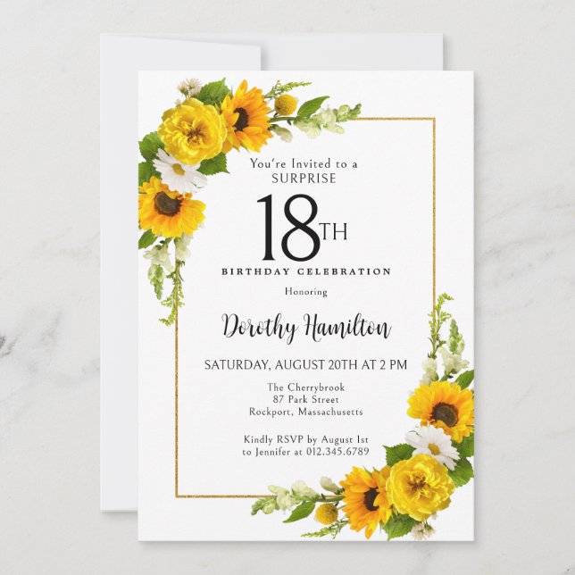 Invitation Sunflower Daisy 18e anniversaire Surprise Party (Devant)