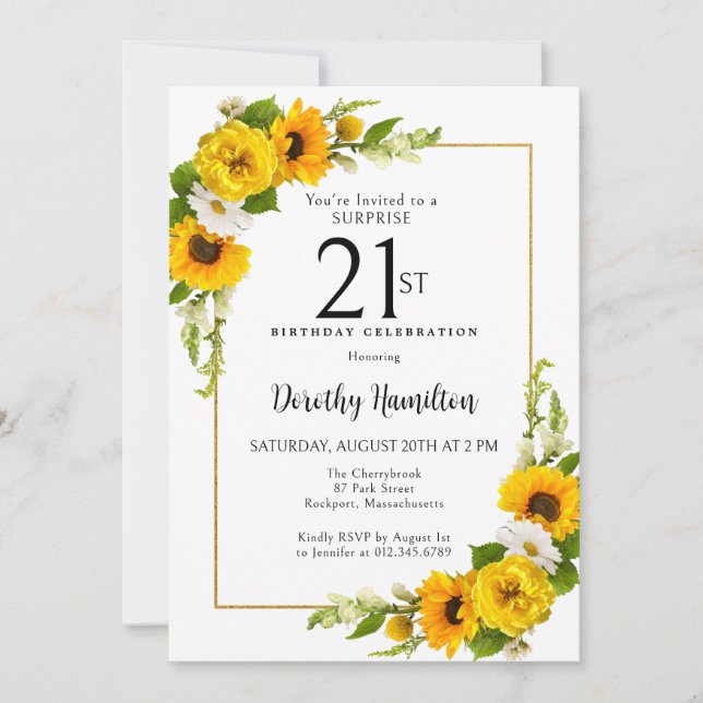 Invitation Sunflower Daisy 21e anniversaire Surprise Party (Devant)