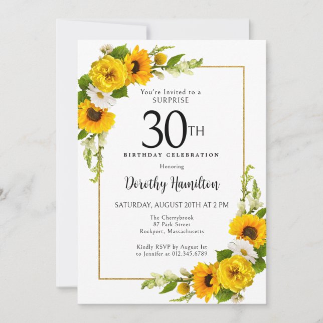Invitation Sunflower Daisy 30e anniversaire Surprise Party (Devant)