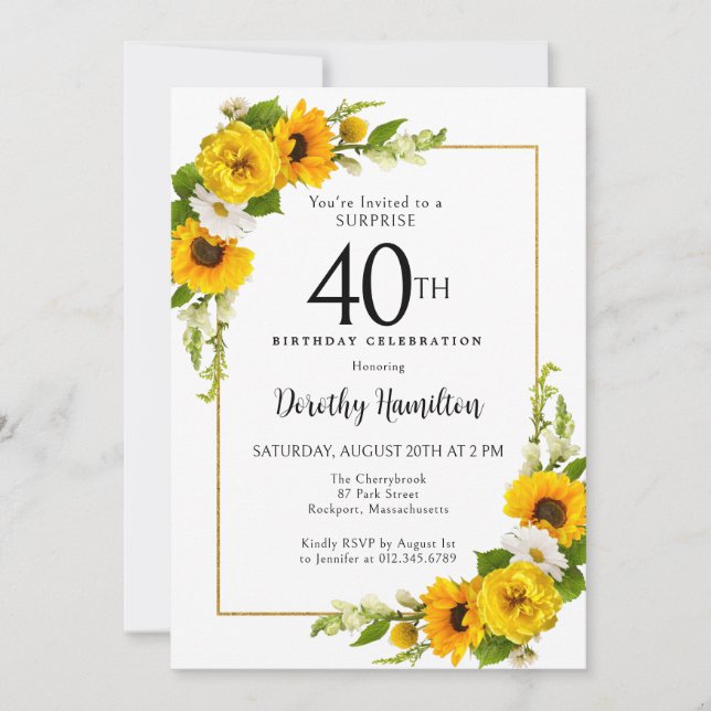 Invitation Sunflower Daisy 40e anniversaire Surprise Party (Devant)