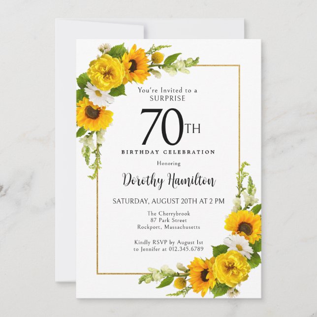 Invitation Sunflower Daisy 70e anniversaire Surprise Party (Devant)