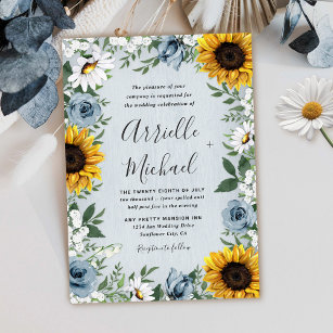 Invitation Sunflower Dusty Blue Country Rustic Roses Wedding
