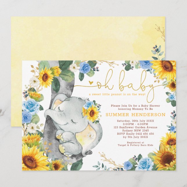 Invitation Sunflower Elephant Bleu Rose Baby shower vert (Devant / Derrière)
