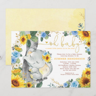 Invitation Sunflower Elephant Bleu Rose Baby shower vert