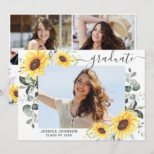 Invitation Sunflower Eucalyptus 3 PHOTO Graduation Party (Devant / Derrière)
