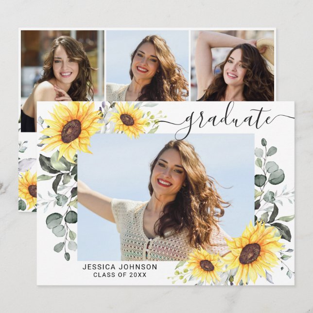 Invitation Sunflower Eucalyptus 4 PHOTO Graduation Party (Devant / Derrière)