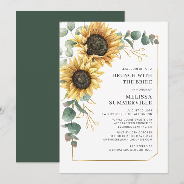 Invitation Sunflower Eucalyptus Brunch vert avec mariée (Devant / Derrière)