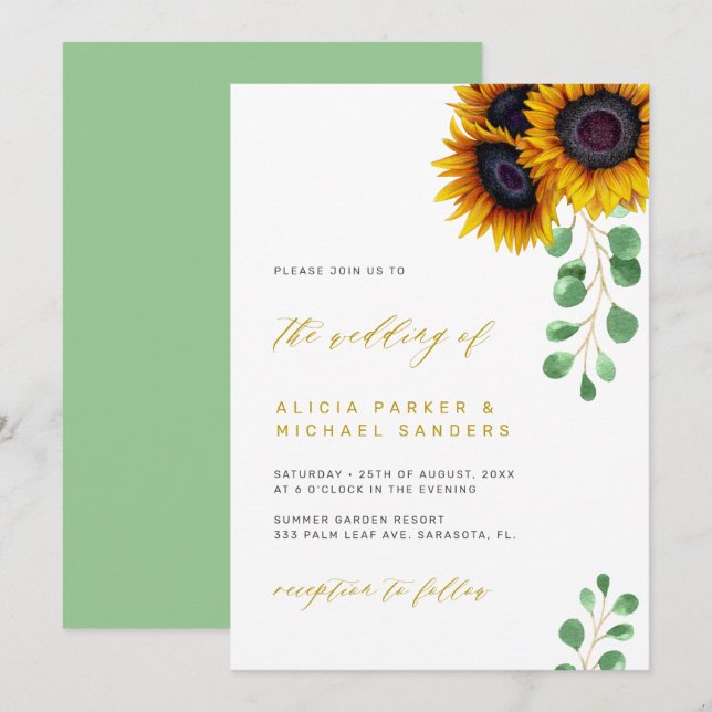 Invitation Sunflower eucalyptus élégant mariage rustique (Devant / Derrière)