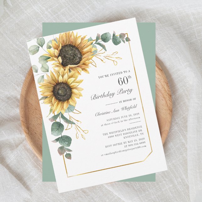 Invitation Sunflower Eucalyptus Floral 60e anniversaire (Floral Sunflower Eucalyptus 60th Birthday Invitation)