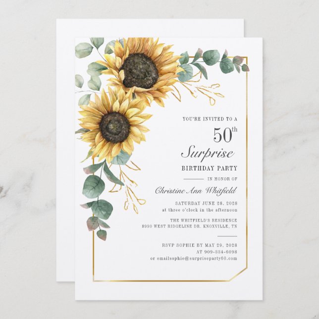 Invitation Sunflower Eucalyptus floral Script 50e anniversair (Devant / Derrière)