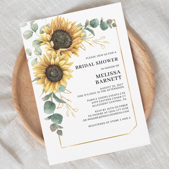 Invitation Sunflower Eucalyptus Gold Frame Fête des mariées (Sunflower Eucalyptus Script First Last Name Bridal Shower Invitation)