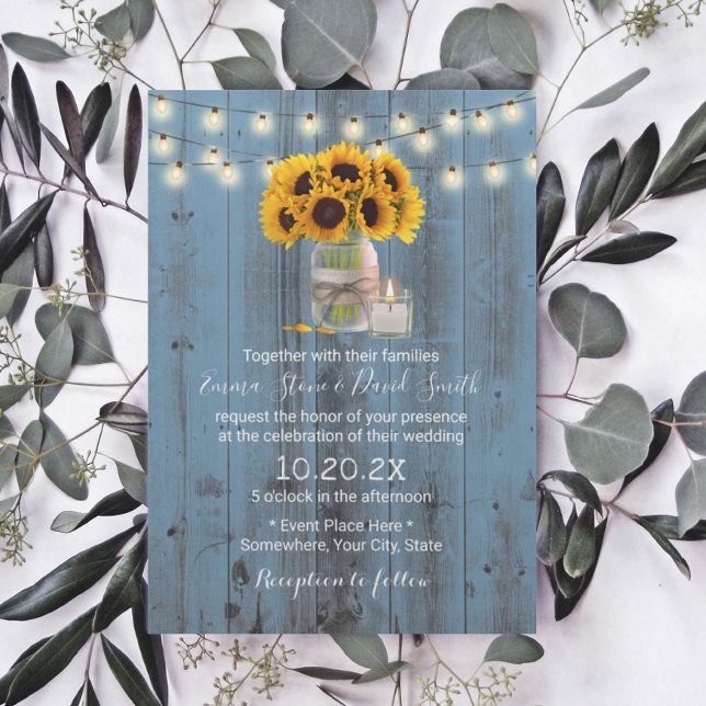 Invitation Sunflower Floral Jar Dusty Blue Barn Mariage en bo (Créateur téléchargé)